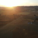 Aerial photo of harvested field at sunset